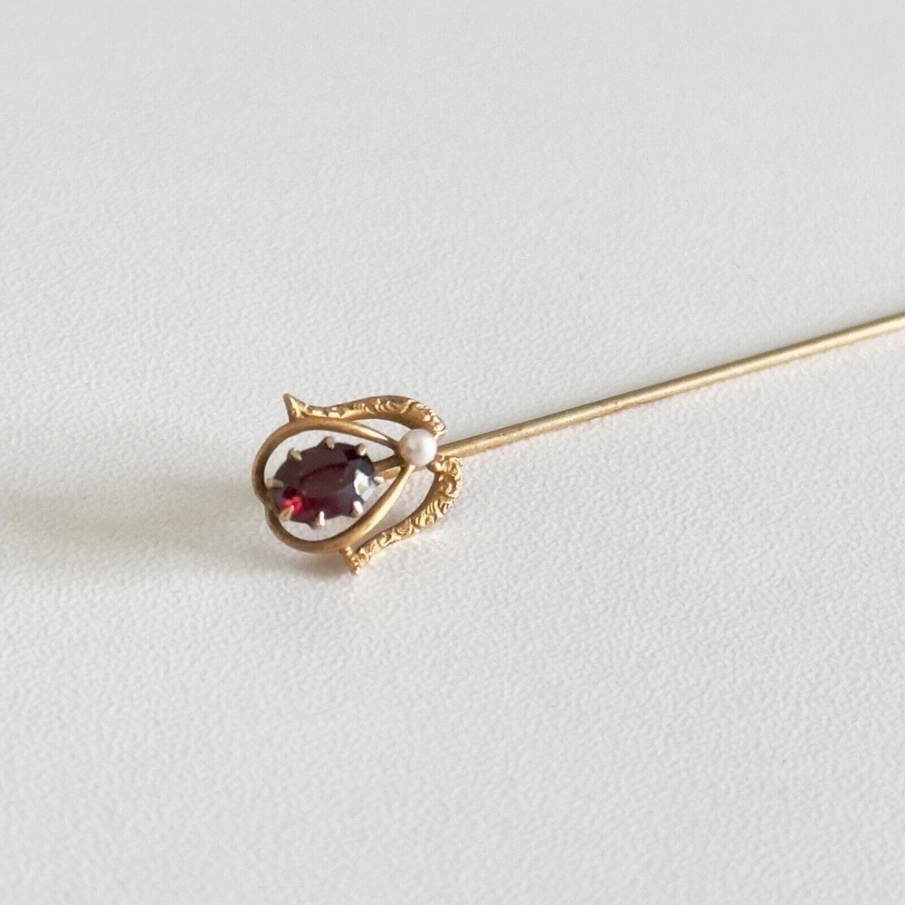 Antique 14k Yellow Gold Garnet Seed Pearl Stick Pin - Picture 4 of 13